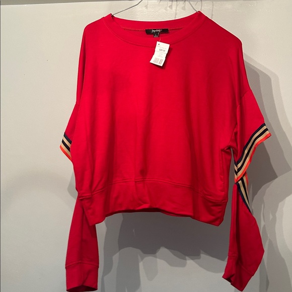 Free People Red Sweatshirt with Striped Sleeves - Picture 3 of 5